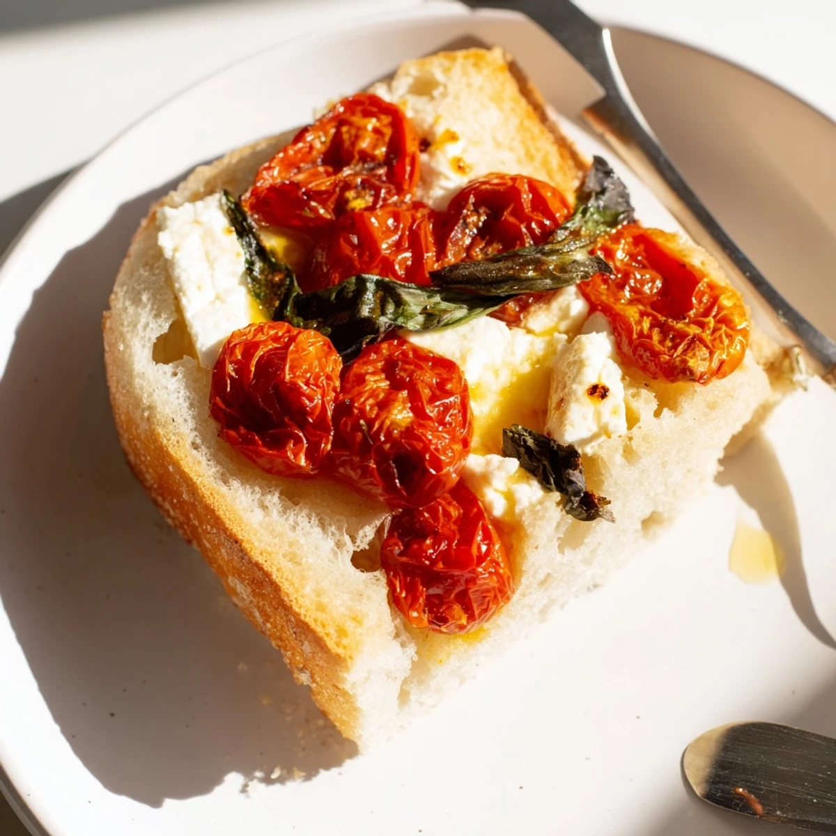 Savory baked feta toast with roasted cherry tomatoes and fresh basil on toasted sourdough, perfect for a Mediterranean-inspired snack or light meal.