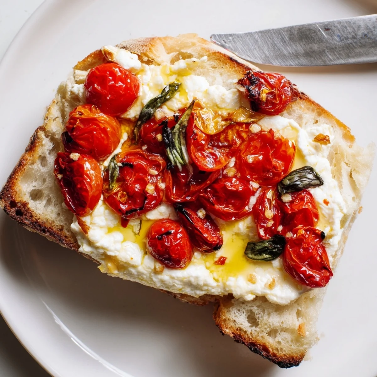 Warm Baked Feta Toast topped with creamy feta, juicy roasted tomatoes, and fragrant basil leaves, served golden and crispy from the oven.