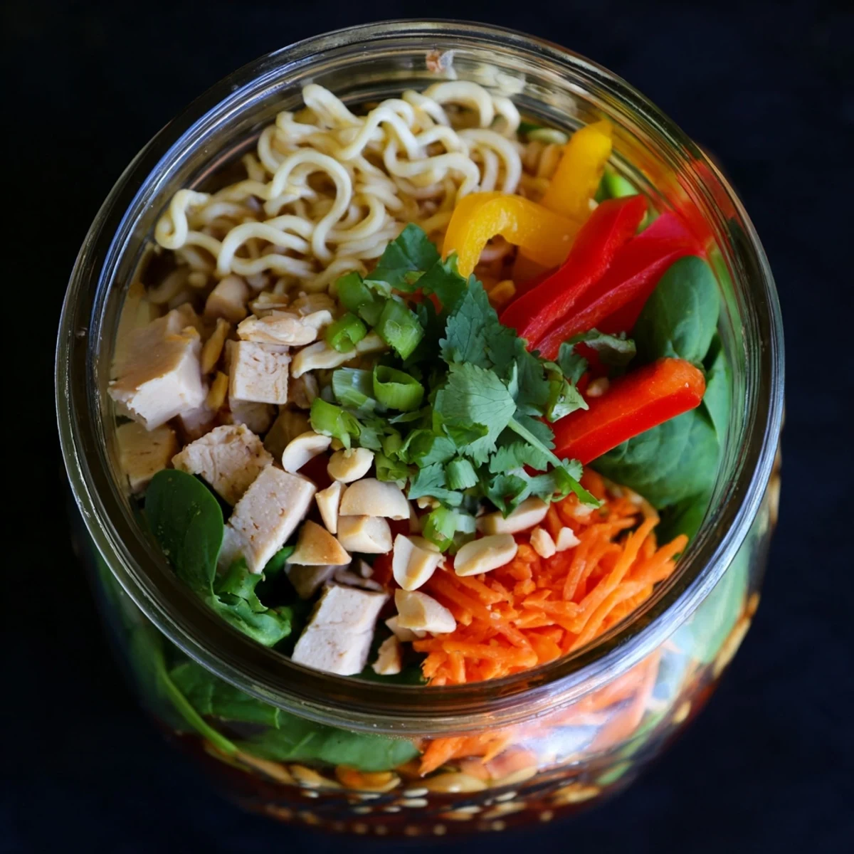 Four clear mason jars stand in a row, filled with vibrant layers of bright orange carrots, green spinach, red bell peppers, and tender noodles. A glass bowl of savory soy-ginger sauce sits nearby, ready to be poured. Fresh chopped cilantro, roasted peanuts, and lime wedges are arranged as colorful garnishes. The scene is set on a bright kitchen counter, inviting a quick and healthy meal prep.