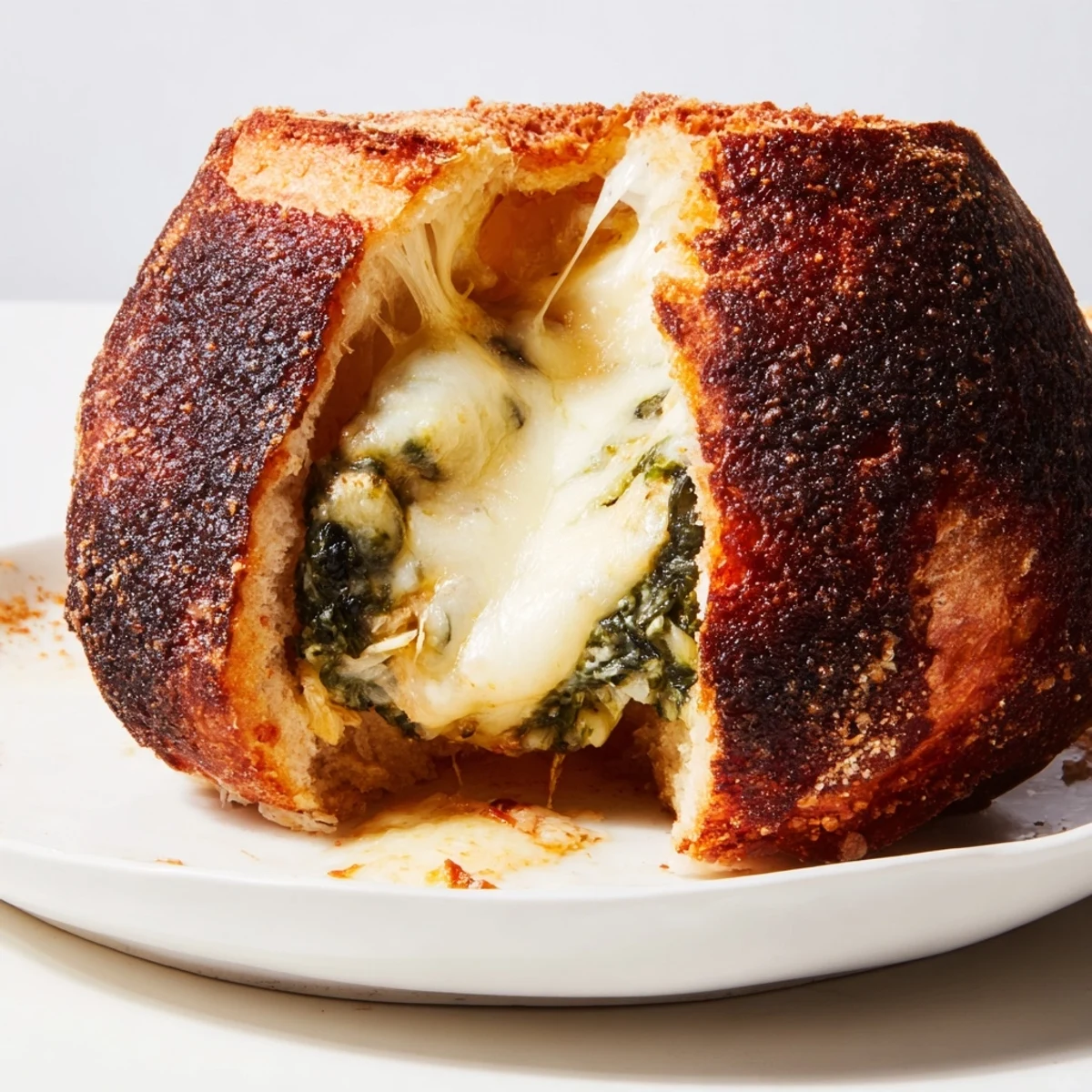 Golden-brown Spinach Artichoke Grilled Cheese sandwiches sit on a rustic board, oozing creamy filling.