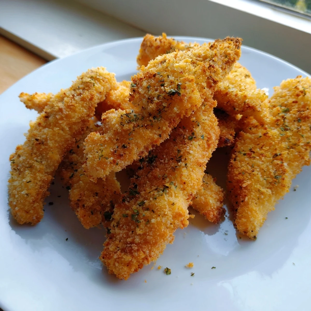Golden brown crispy panko chicken strips, oven-baked with herbs, rest on a white plate ready for dipping in honey mustard sauce.