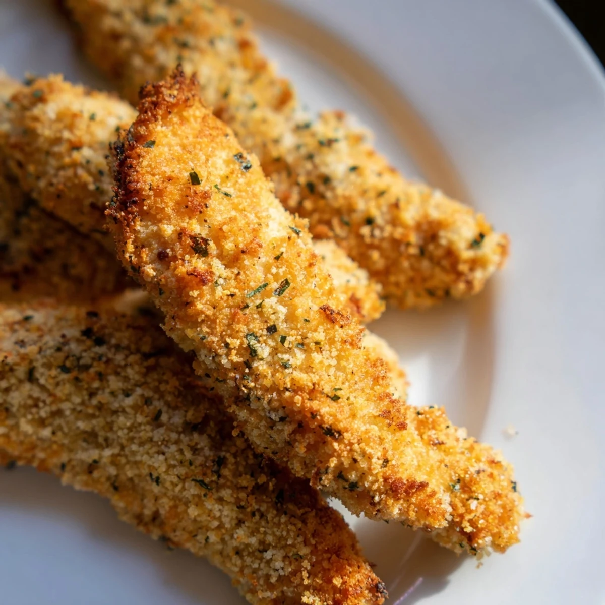 Crispy panko chicken strips coated in herbed breadcrumbs, arranged on a parchment-lined tray with a drizzle of olive oil.