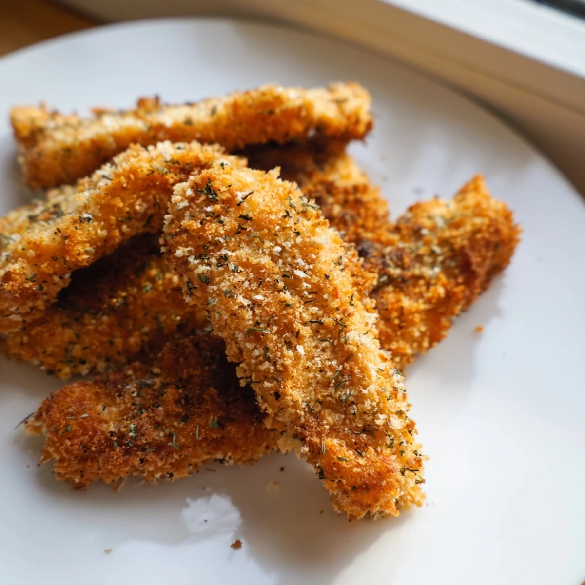 These crispy panko chicken strips are golden and crunchy, served on a rustic wooden board with a side of ranch dressing.