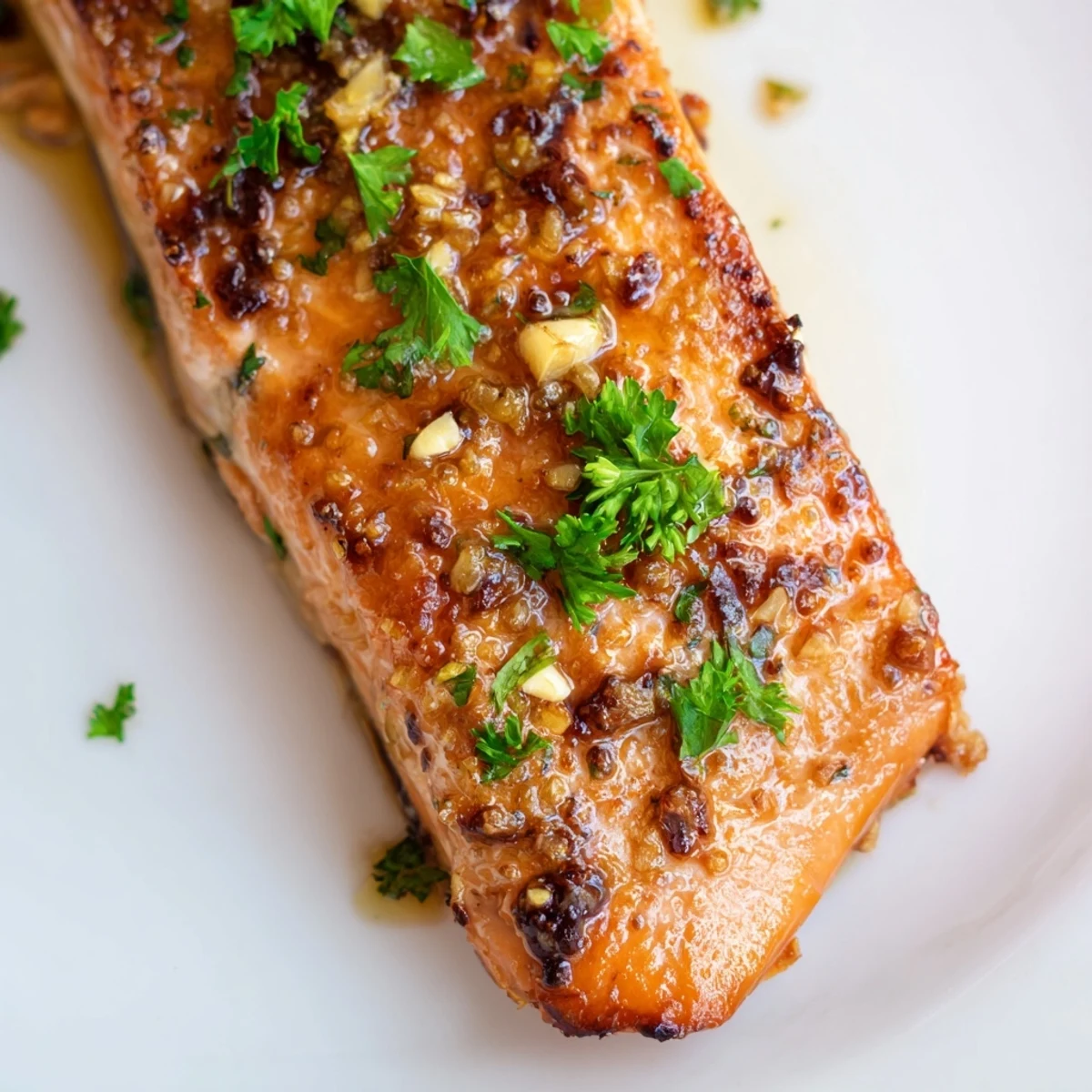 A close-up view of tender, flaky salmon with a sticky honey garlic glaze, ready to be served alongside steamed rice and greens.