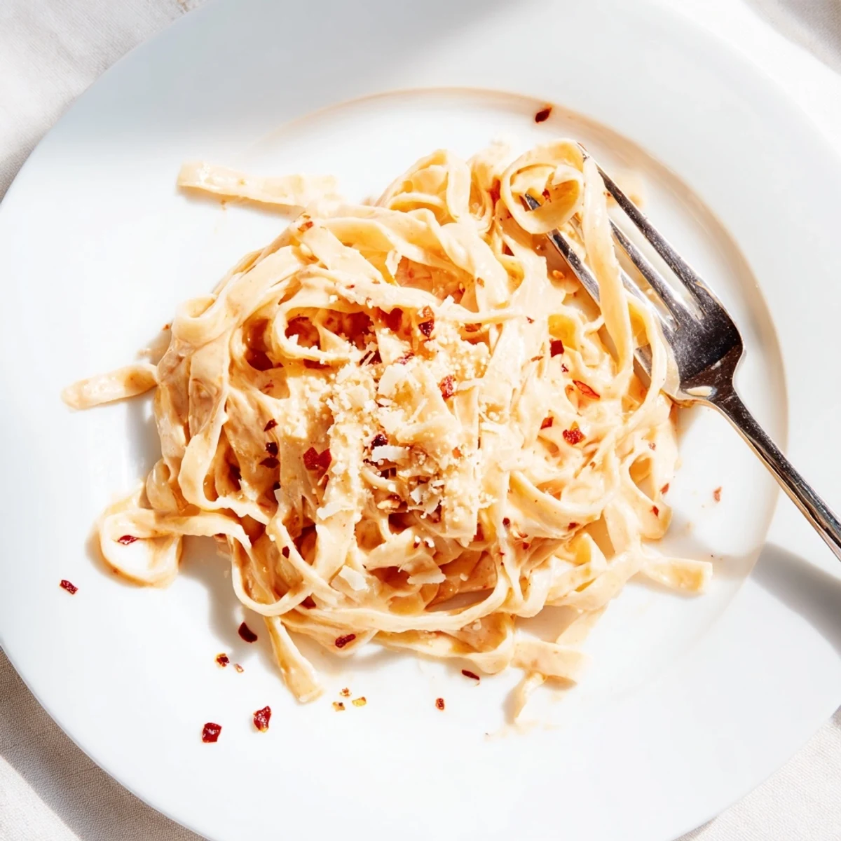 Steam rises from a plate of Sriracha Honey Pasta, showcasing glossy fettuccine coated in a creamy, orange-hued sauce garnished with fresh parsley.