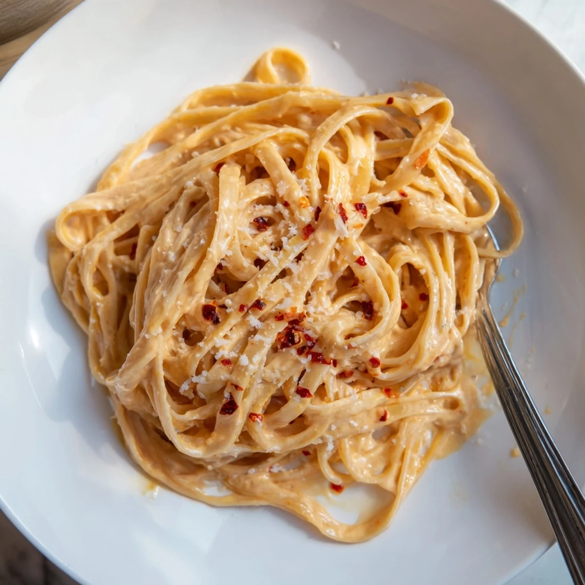 A close-up view of Sriracha Honey Pasta reveals rich, creamy sauce clinging to every noodle, topped with grated Parmesan and red pepper flakes.