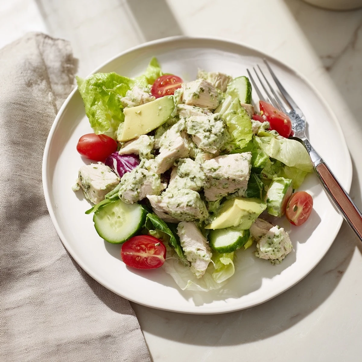 A close-up of tender chicken chunks coated in vibrant green Goddess dressing, served on a bed of crisp mixed greens with tomatoes and avocado.