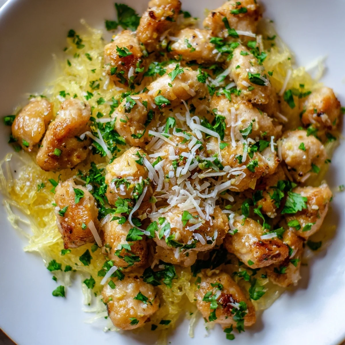 Bright lemon garlic chicken sits atop fork-scraped spaghetti squash noodles, garnished with fresh parsley and a sprinkle of Parmesan for a vibrant dinner plate.