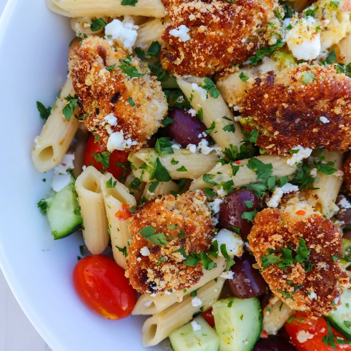 Heaping serving of Crispy Chicken Greek Pasta garnished with parsley and extra crumbled feta.  