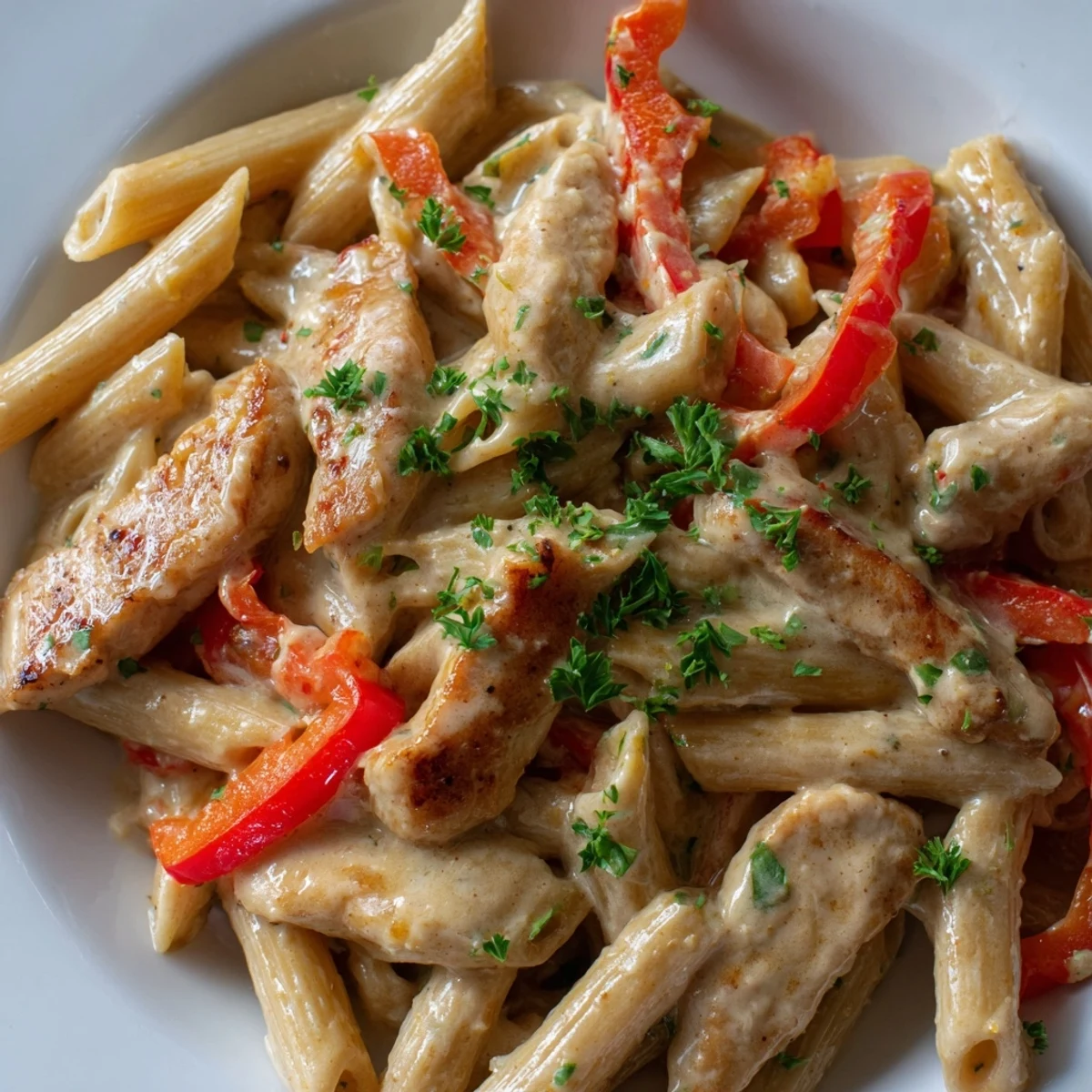 Creamy Cajun Chicken Pasta Lite features juicy chicken strips and whole wheat penne in a light, spicy cream sauce, garnished with fresh parsley.  