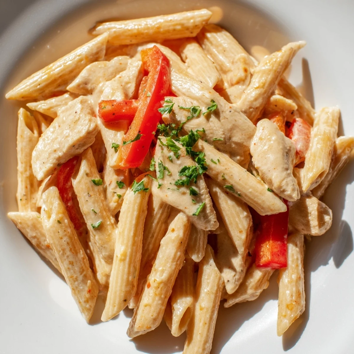 A close-up photo of Creamy Cajun Chicken Pasta Lite shows tender bell peppers, al dente penne, and a reduced-fat creamy Cajun sauce, perfect for a weeknight meal.  