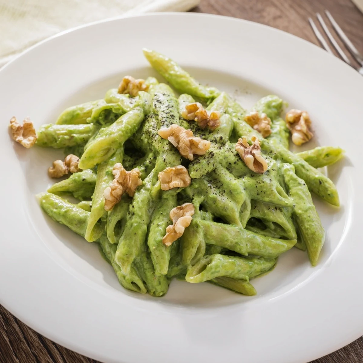 Creamy Spinach Walnut Pasta served in a white bowl with extra chopped walnuts and fresh lemon zest.