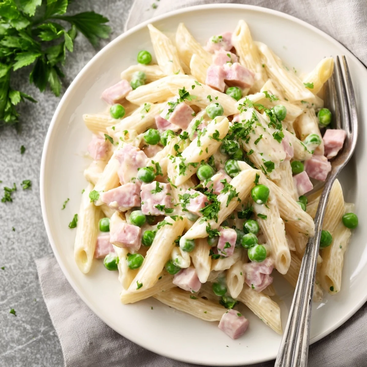 Steam rising from a skillet of Spring Pea & Ham Pasta, featuring tender peas, savory ham, and a luscious cream sauce clinging to penne.