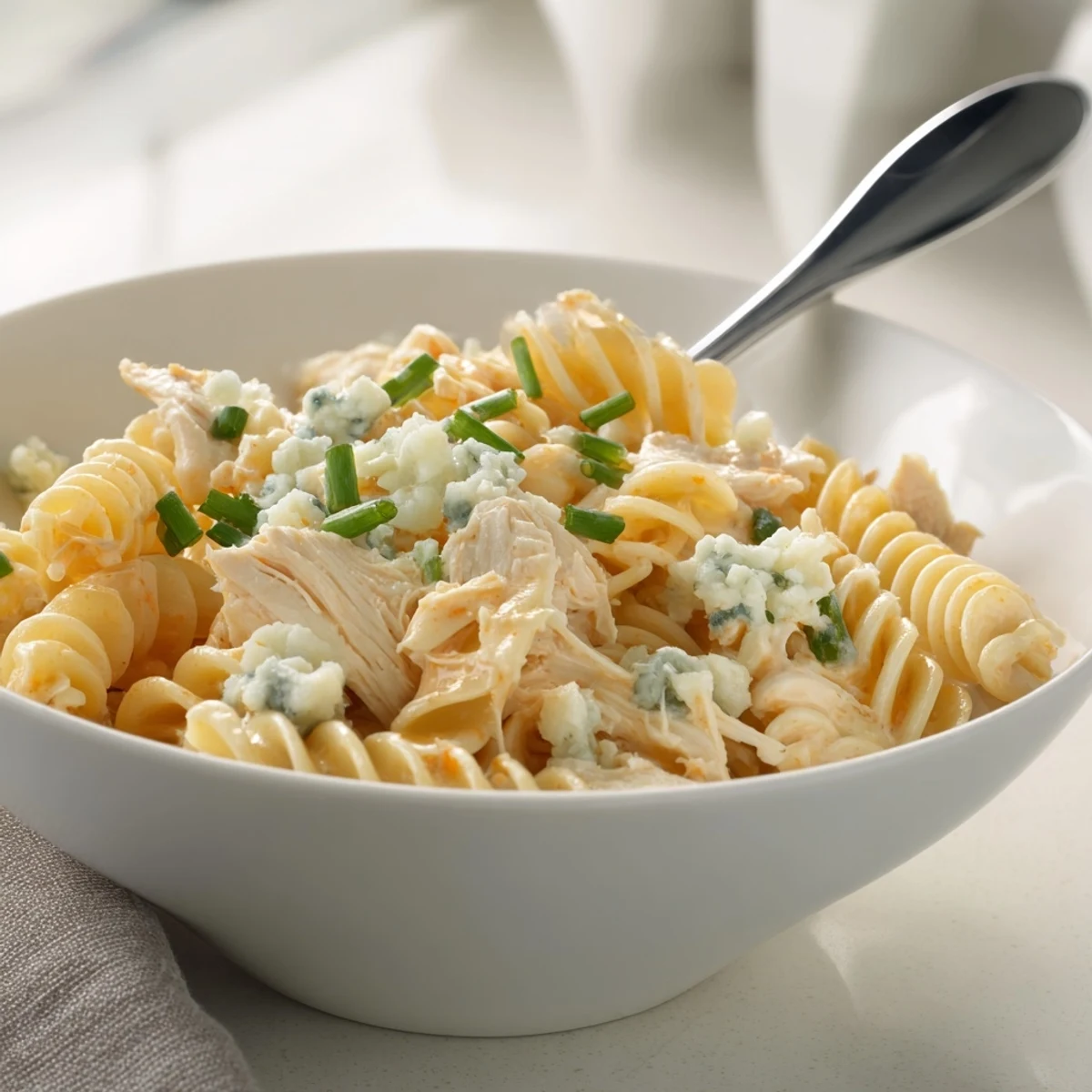 Steaming skillet of Buffalo Chicken Pasta featuring al dente penne coated in a rich, cheesy buffalo cream sauce.