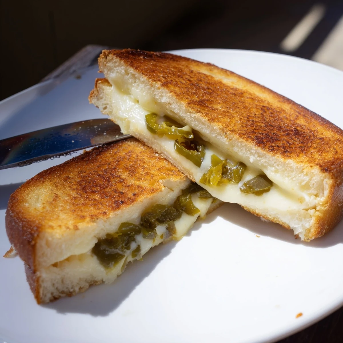 A golden-brown jalapeño pepper jack grilled cheese on sourdough, melted cheese oozing from the crispy, buttery edges.