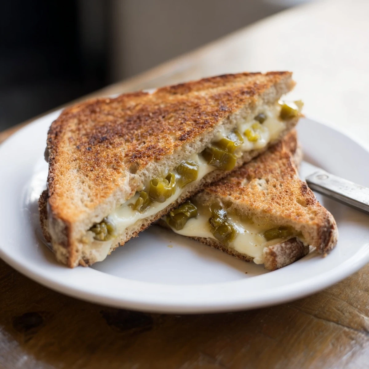 Sliced in half, the jalapeño pepper jack grilled cheese showcases a spicy, gooey interior perfect for dipping in tomato soup.