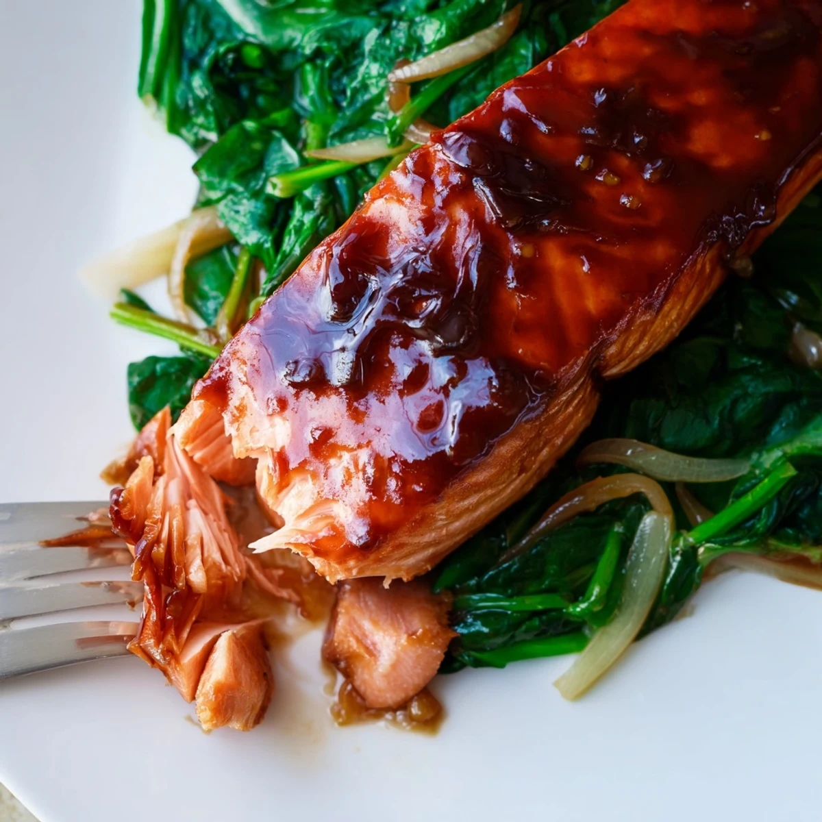 Freshly baked miso salmon fillet glistens with a caramelized glaze, resting on a bed of wilted spinach and ginger.  