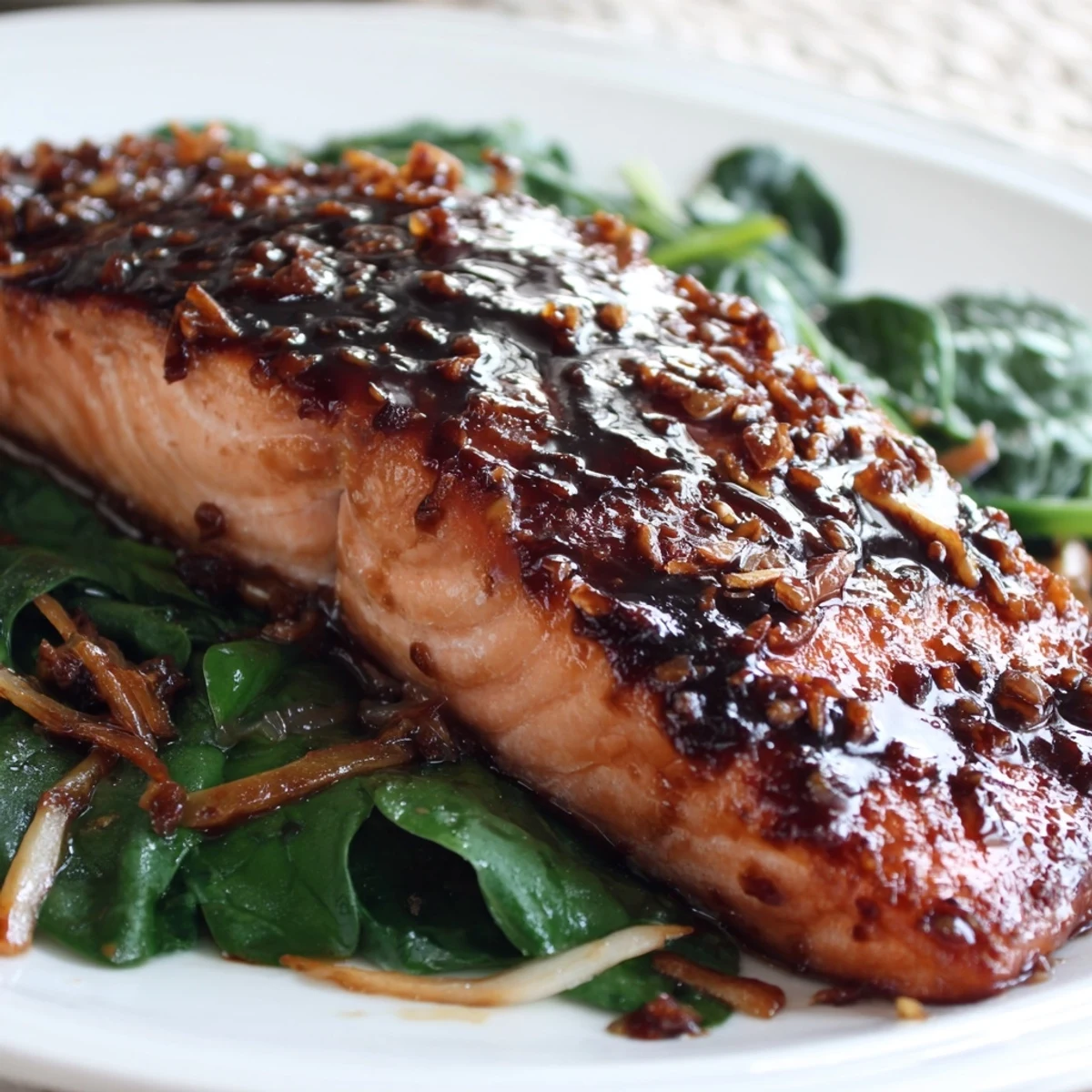 A close-up of miso salmon on sautéed spinach highlights tender flakes and vibrant greens garnished with lemon.  