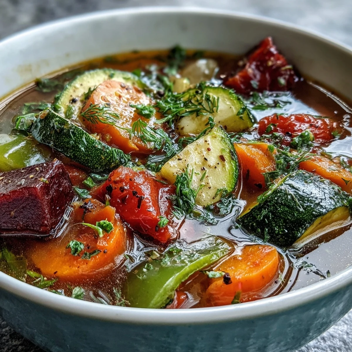 Colorful Rainbow Vegetable Detox Soup bursting with fresh garden flavors and healthy goodness.