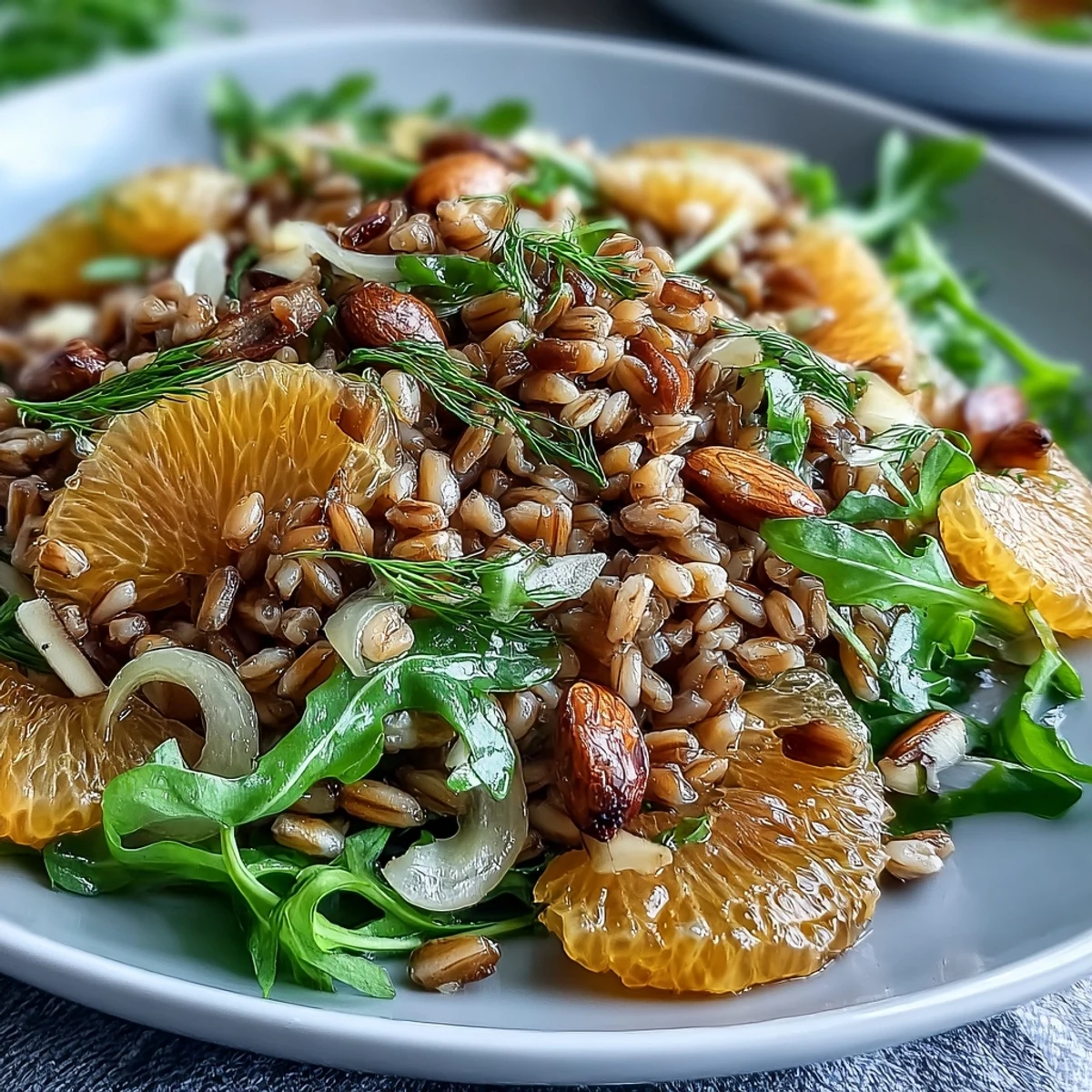 Bright farro salad with fennel, orange, and almonds ready for serving.