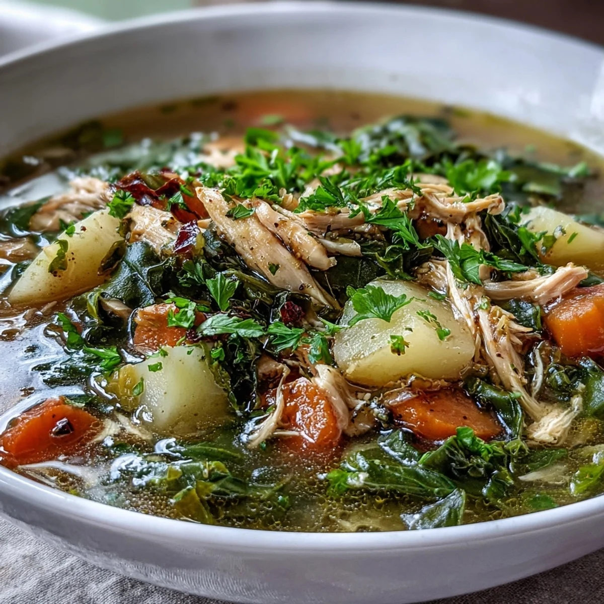 Close-up of Collard Greens, Chicken and Vegetable Soup, with chunks of carrots, celery, and fresh parsley garnish on a rustic wooden table.
