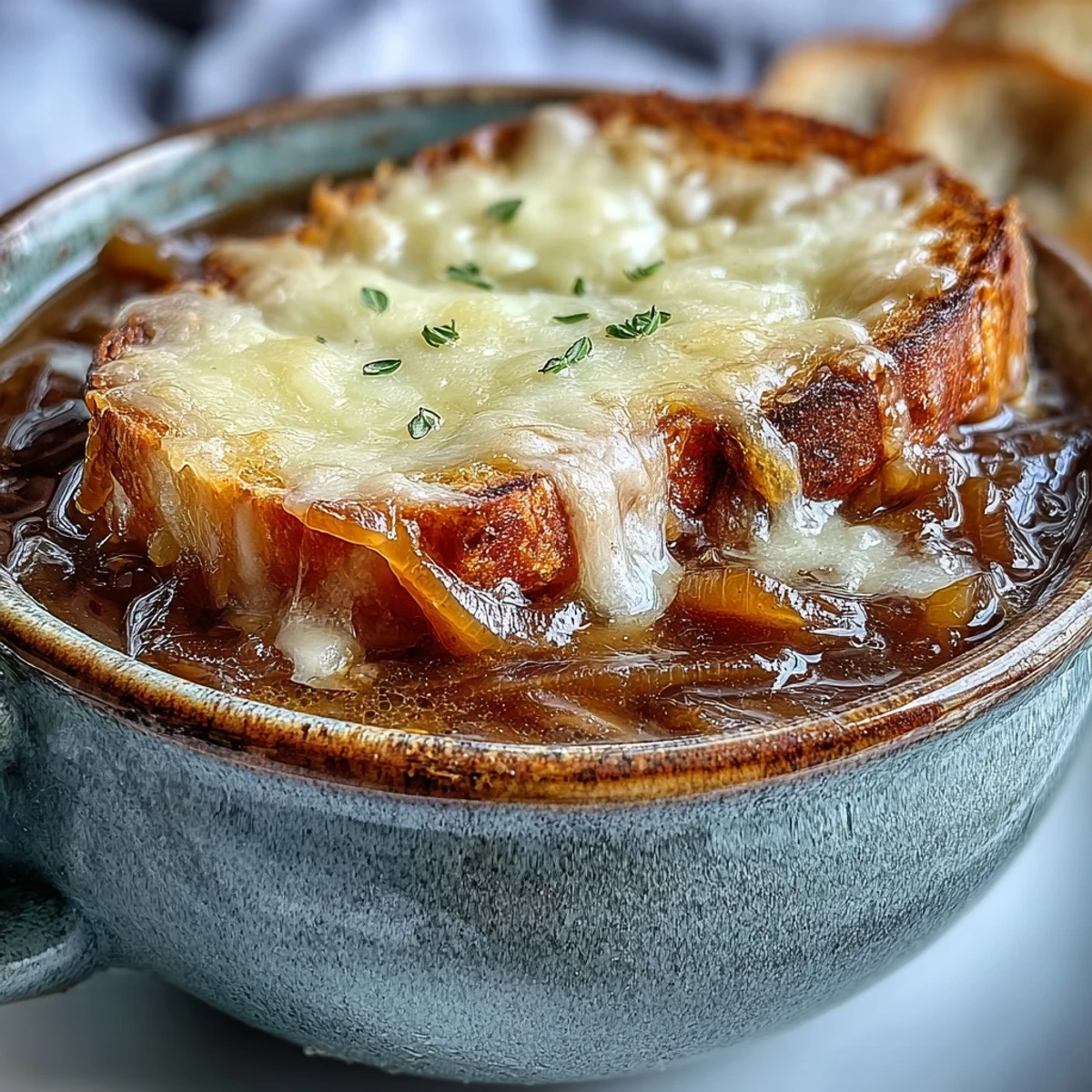 A steaming bowl of French Onion Soup with rich caramelized onions, topped with crusty bread and melted Gruyère cheese.