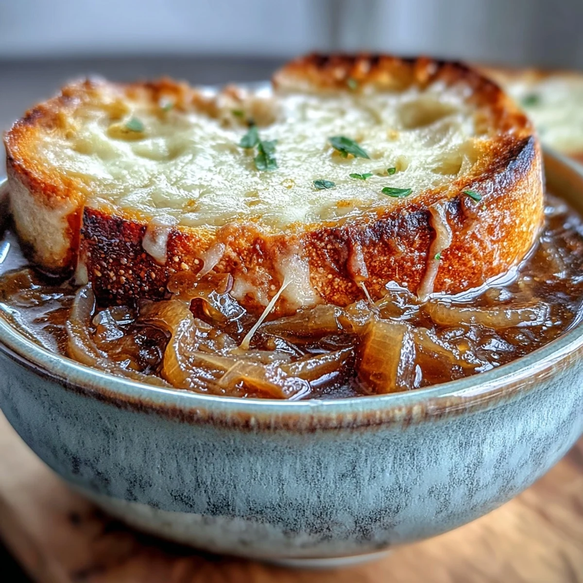 Hearty French Onion Soup in a rustic ceramic bowl, featuring golden-brown onions and gooey cheese broiled to perfection.
