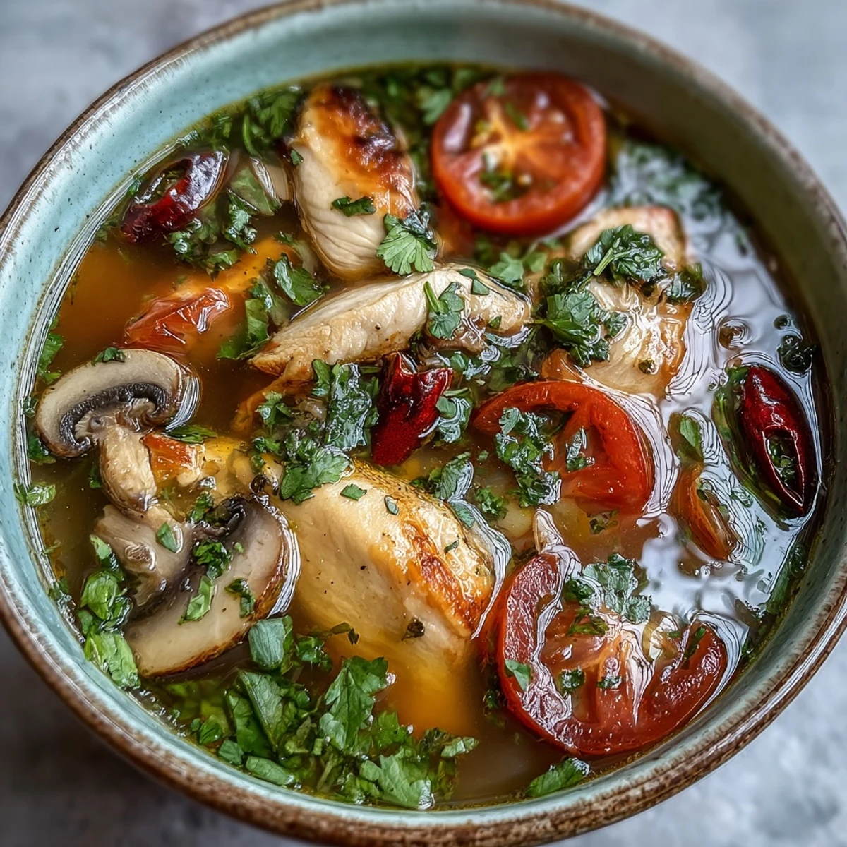 Tom Yum Chicken soup in a rustic bowl, featuring tender chicken pieces, mushrooms, and vibrant herbs.  