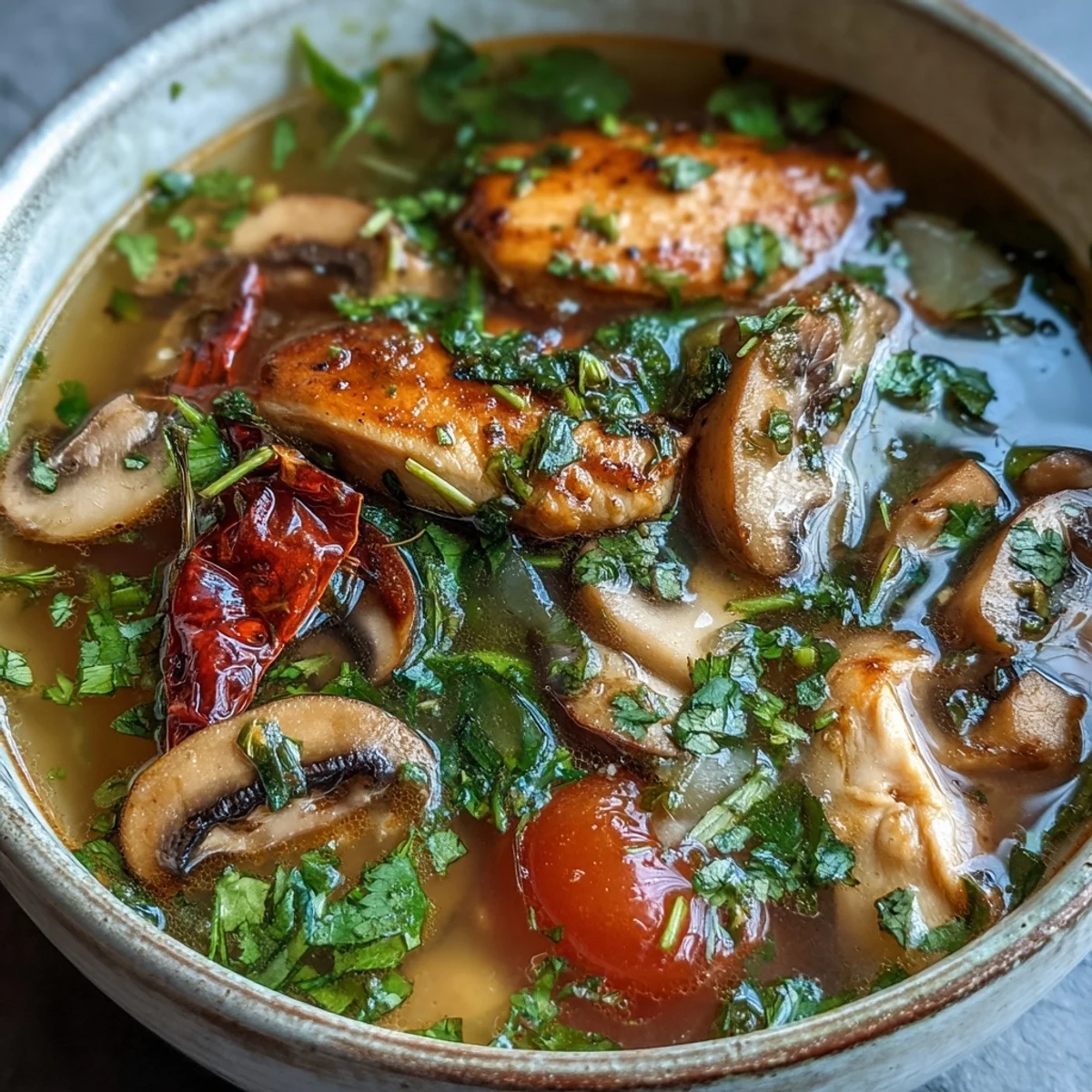 Spicy and sour Tom Yum Chicken soup with aromatic lemongrass, galangal, and chili garnish.