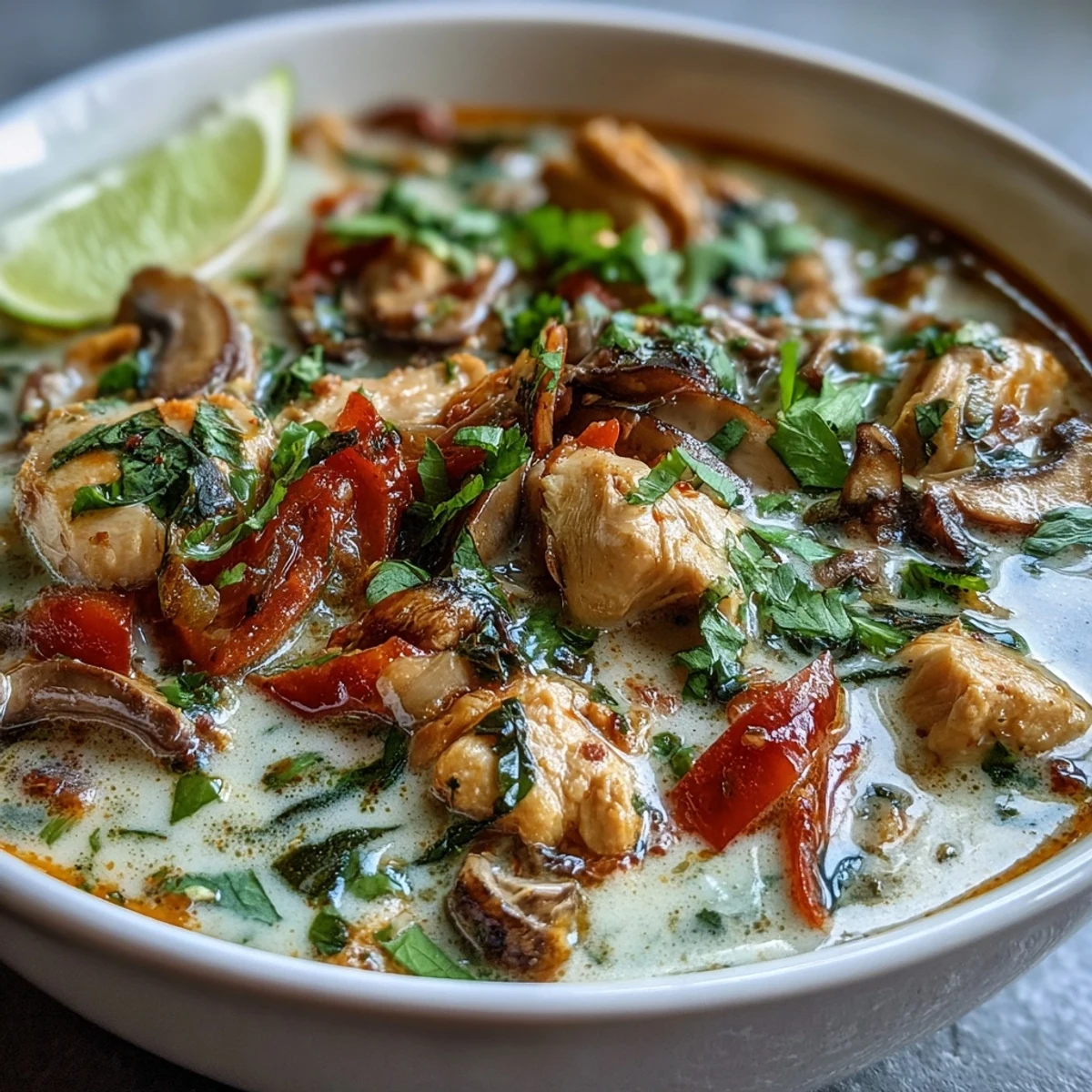 Spicy Thai Chicken Coconut Curry Soup features tender chicken and vibrant vegetables in a rich coconut broth.