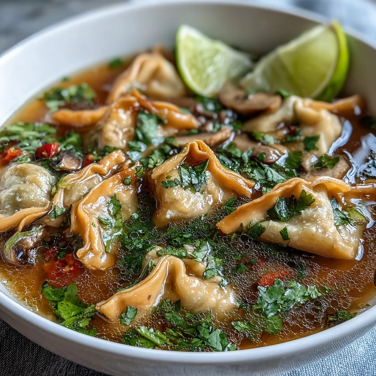 Clear broth with pork-filled wontons, simmered with lemongrass, galangal, and kaffir lime leaves for Tom Yum Wonton Soup.