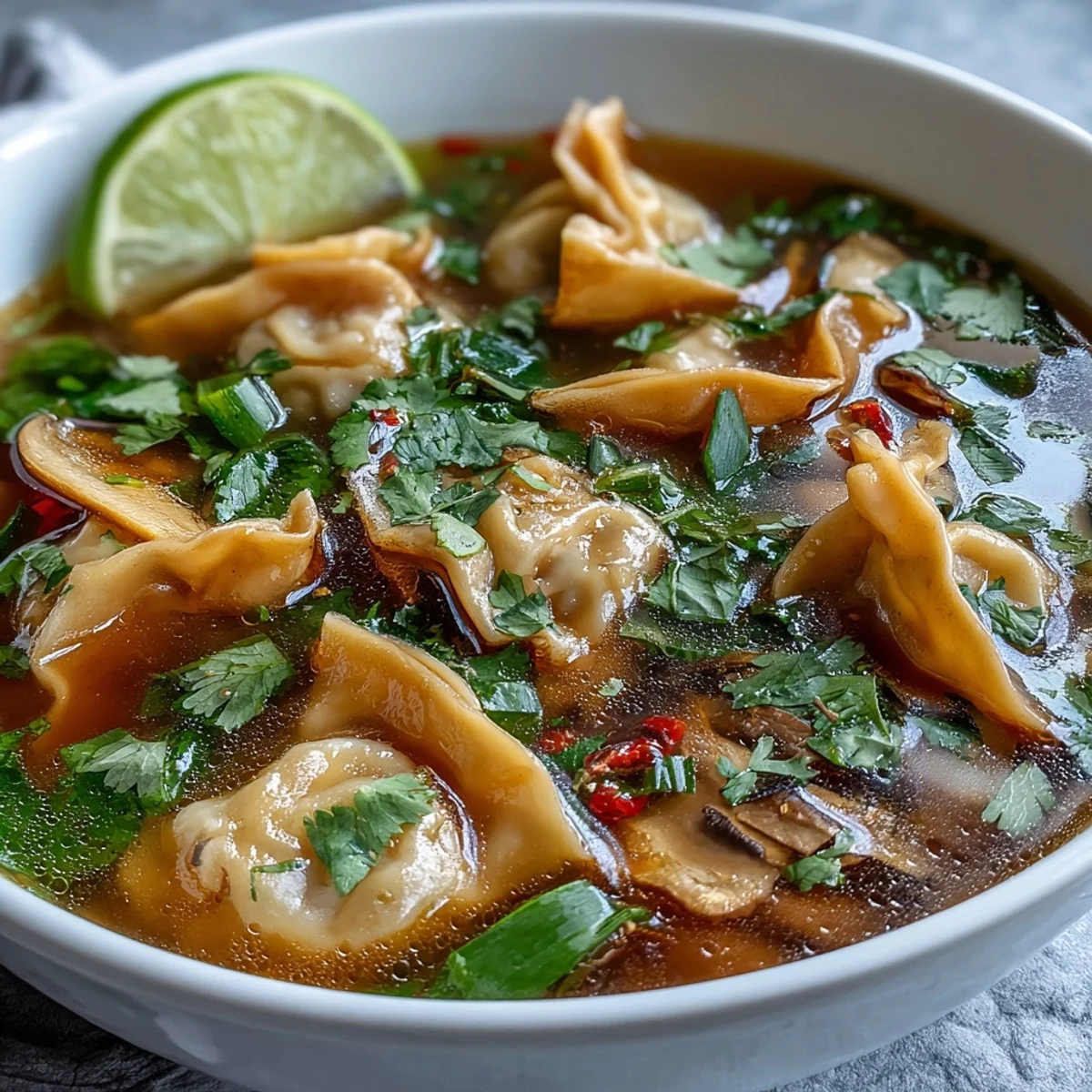 Hot Tom Yum Wonton Soup is topped with lime wedges, fresh cilantro, and chili oil for a spicy kick.