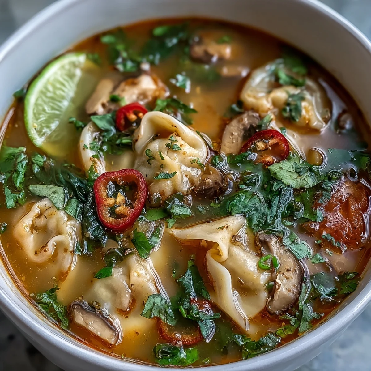 Steaming bowls of Tom Yum Wonton Soup feature plump dumplings, mushrooms, and baby bok choy in a tangy broth.