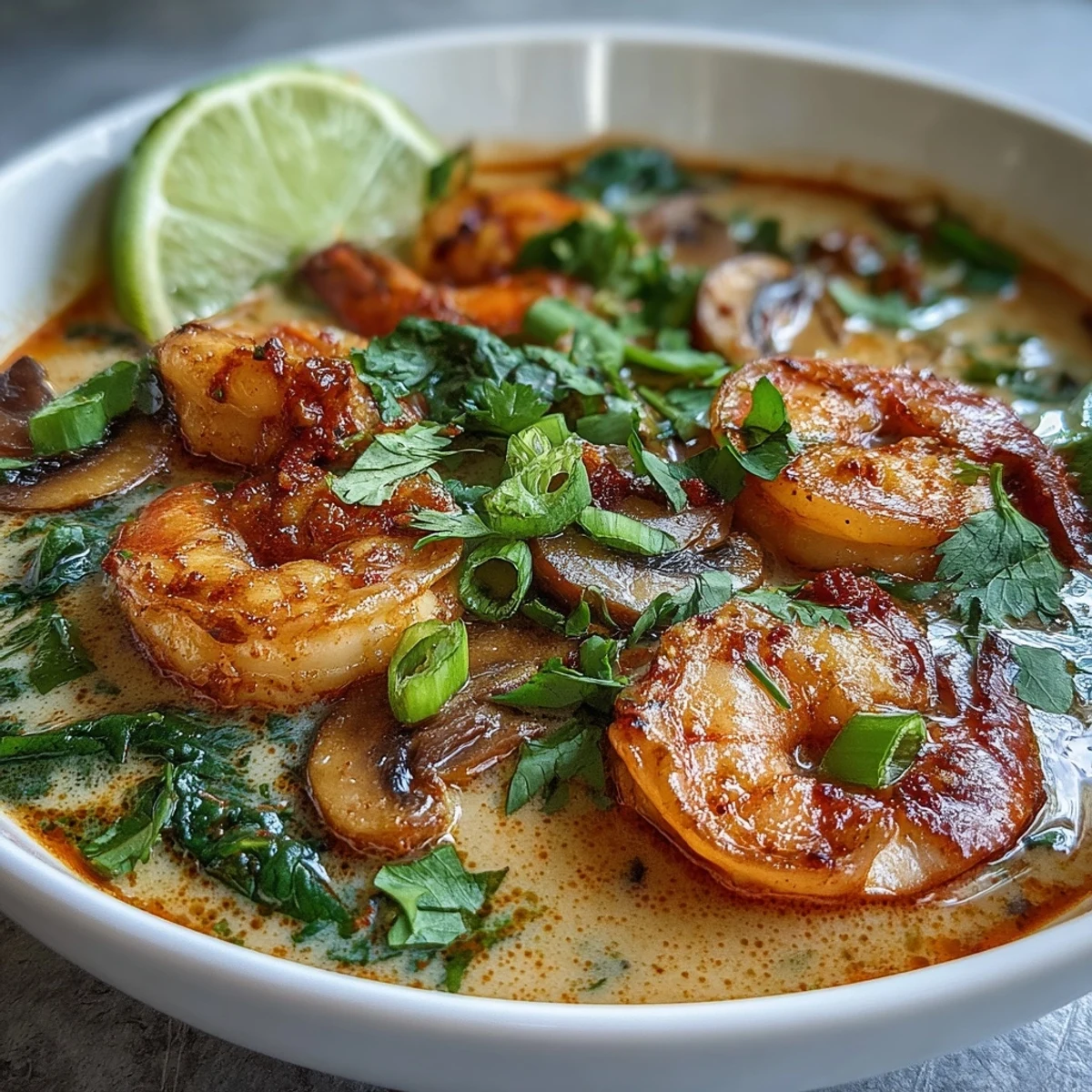 Steaming Thai Coconut Shrimp Soup in a rustic bowl garnished with cilantro, lime wedges, and green onions.  