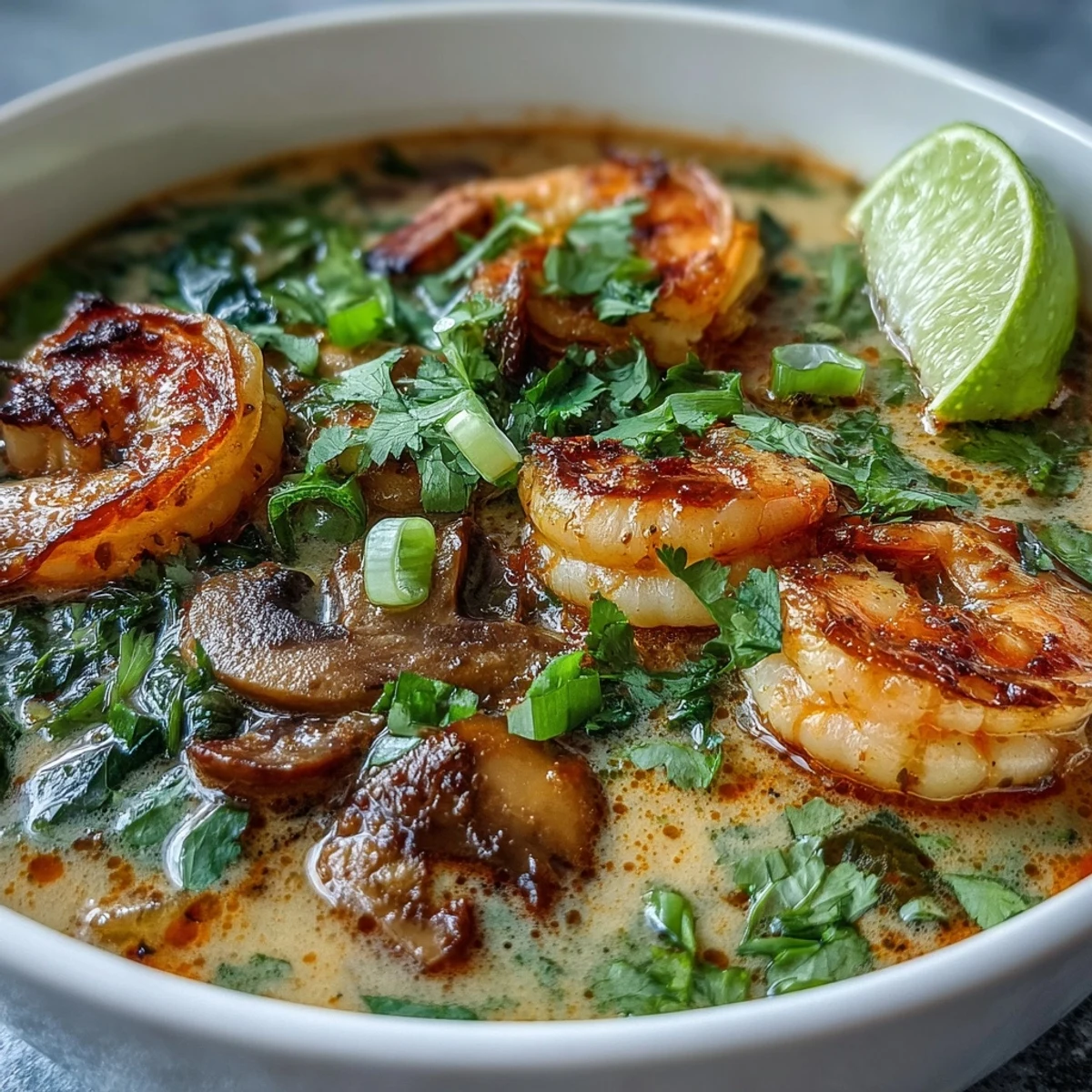 Close-up of Thai Coconut Shrimp Soup served in a white bowl, topped with fresh cilantro and lime.