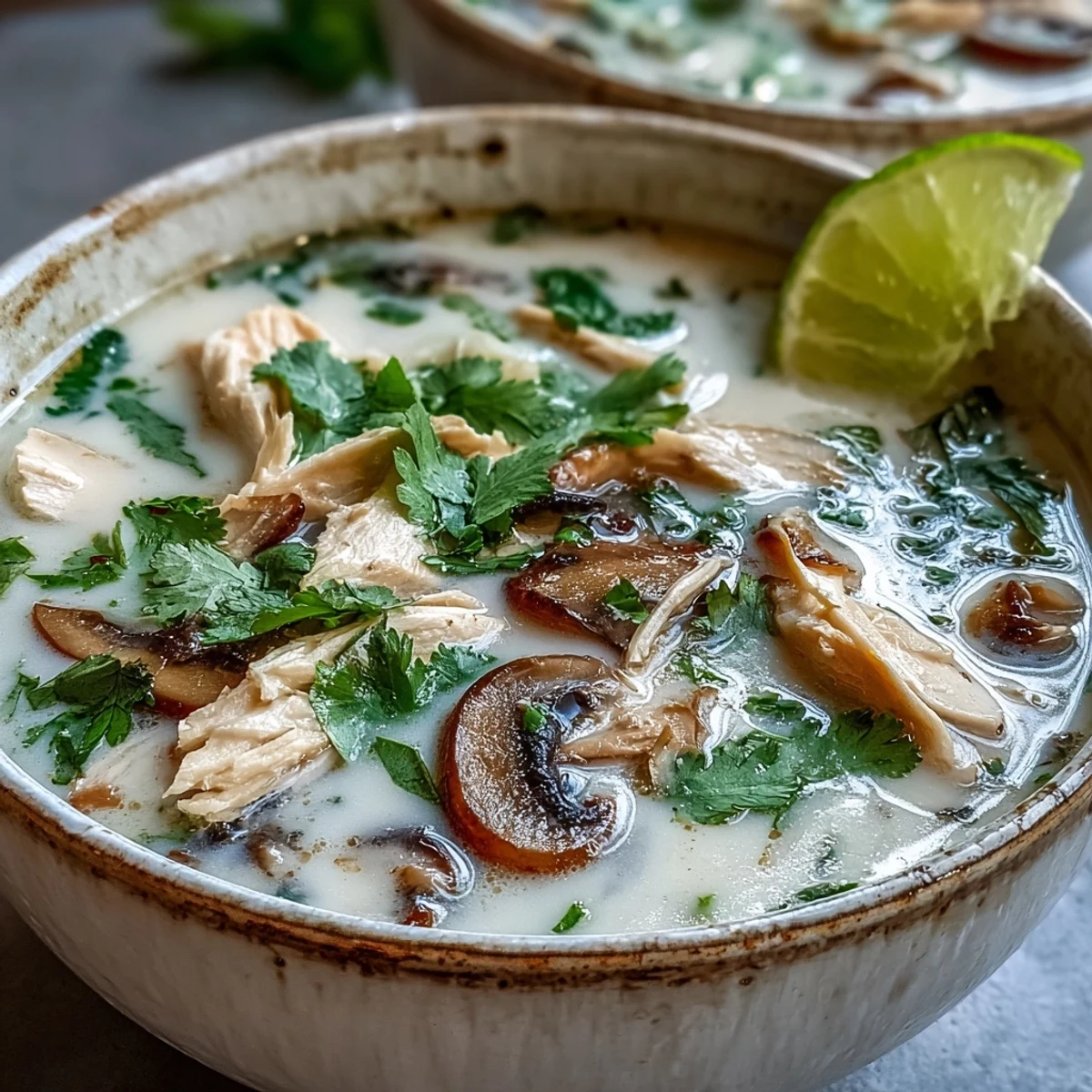 A bowl of steaming Authentic Tom Kha Gai with tender chicken, mushrooms, and fresh cilantro garnish.