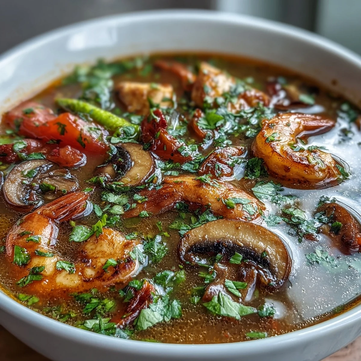 A steaming bowl of Tom Yum Gai, featuring tender chicken and colorful vegetables in a vibrant, aromatic broth.