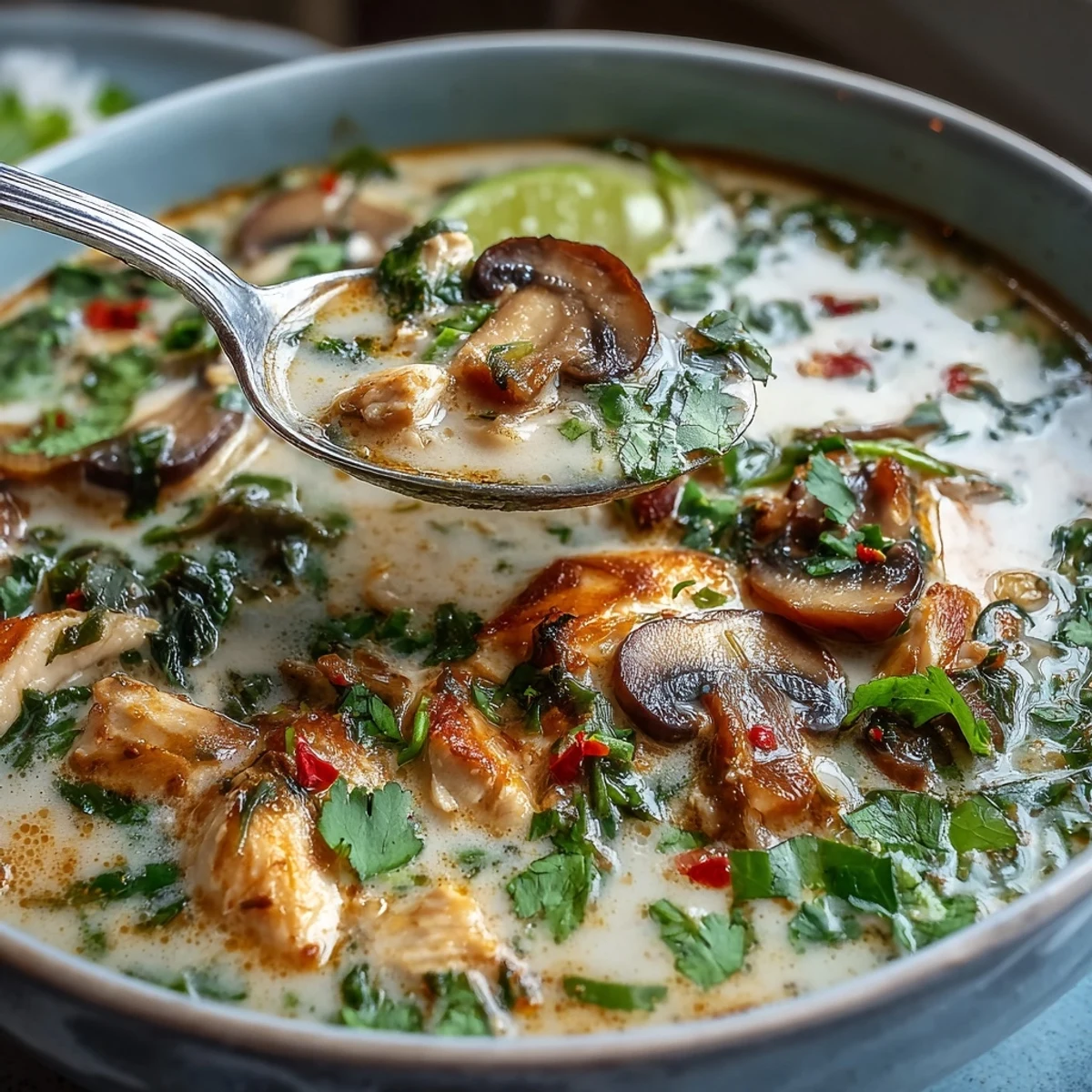 Garnished Best Ever Tom Kha Gai Soup with crushed chilies, scallions, and steam rising from the bowl.