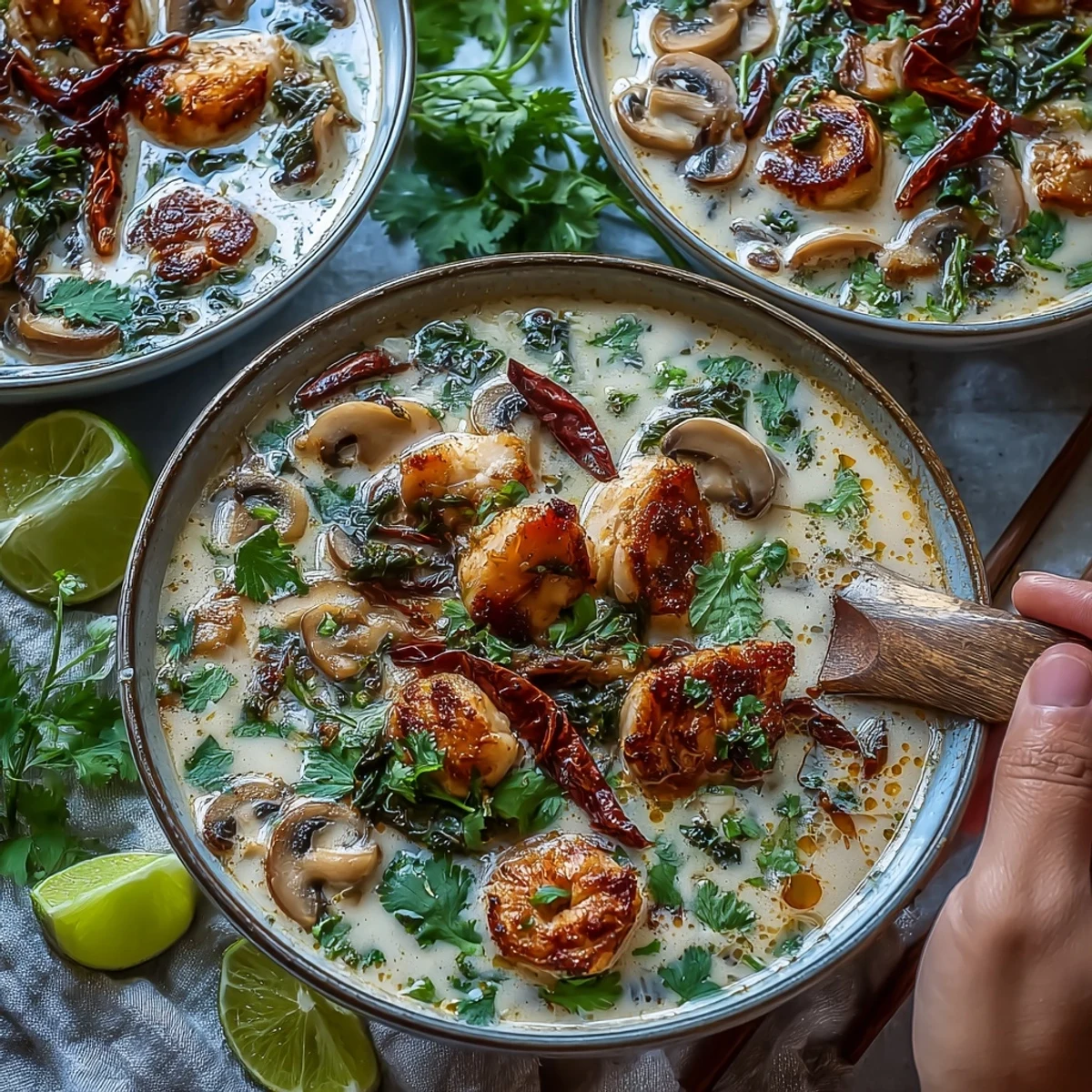 Creamy Tom Kha Soup with tender chicken and mushrooms in a fragrant coconut broth.
