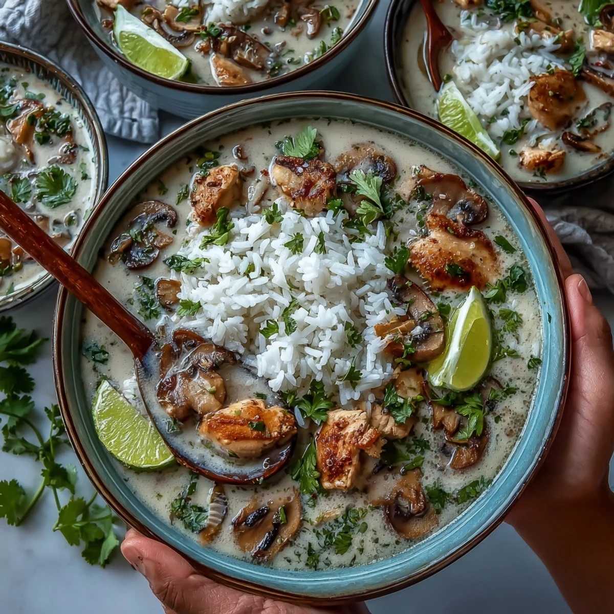 A bowl of authentic Tom Kha Soup garnished with fresh cilantro and lime wedges.