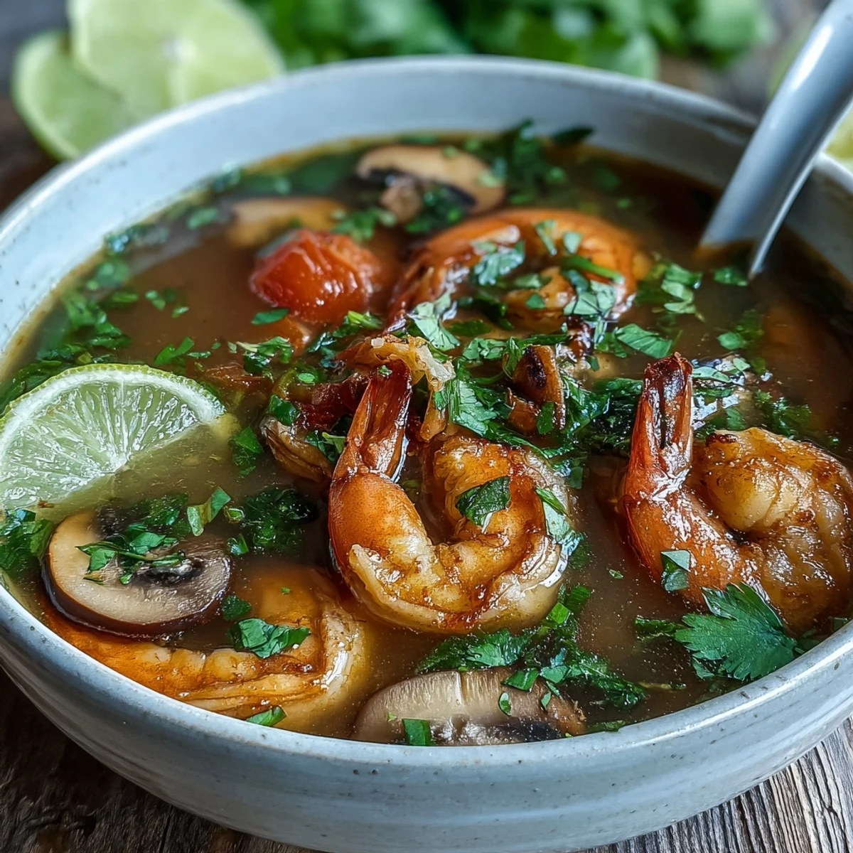 Steaming bowl of Tom Yum Soup with shrimp, mushrooms, and fresh cilantro garnish.