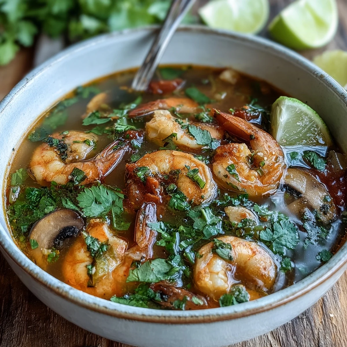 Spicy Tom Yum Soup simmering in a pot with lemongrass, lime leaves, and chiles.