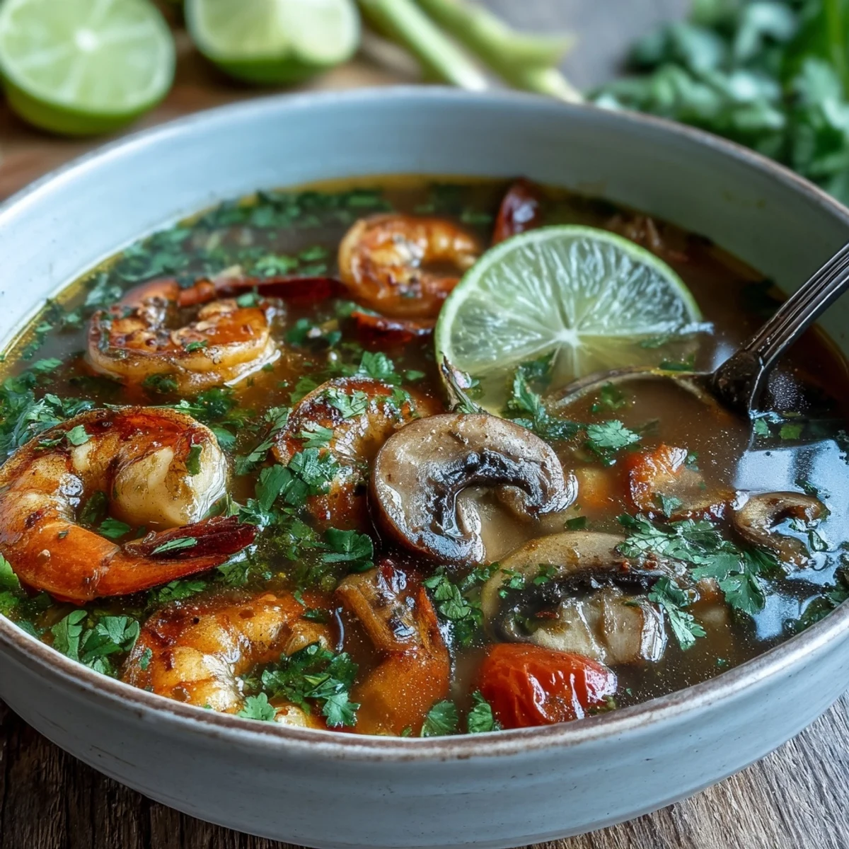 Serving Tom Yum Soup with lime wedges alongside fluffy jasmine rice for dinner.