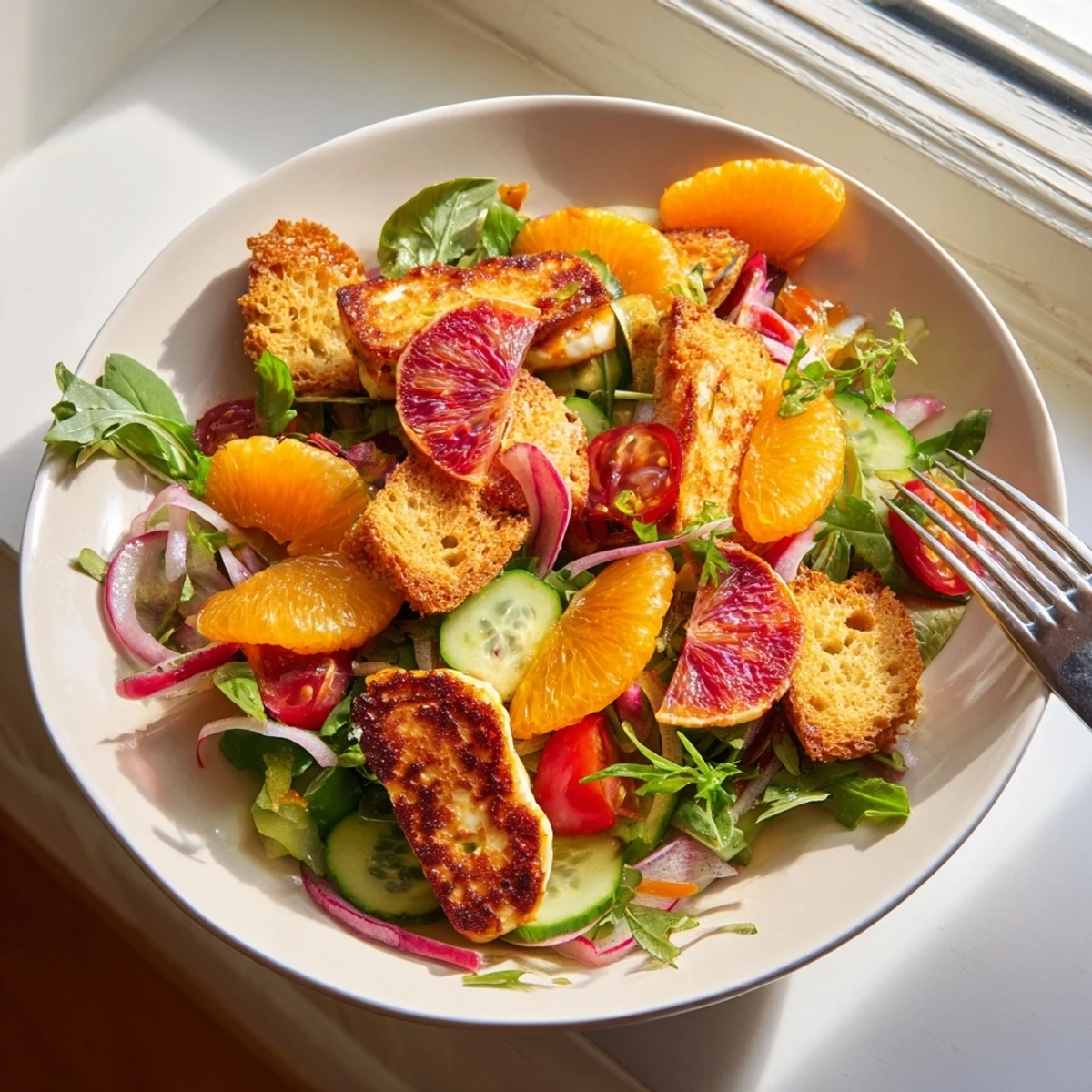 Golden-fried halloumi and juicy blood orange slices sit atop a vibrant bed of mixed greens with sourdough croutons.