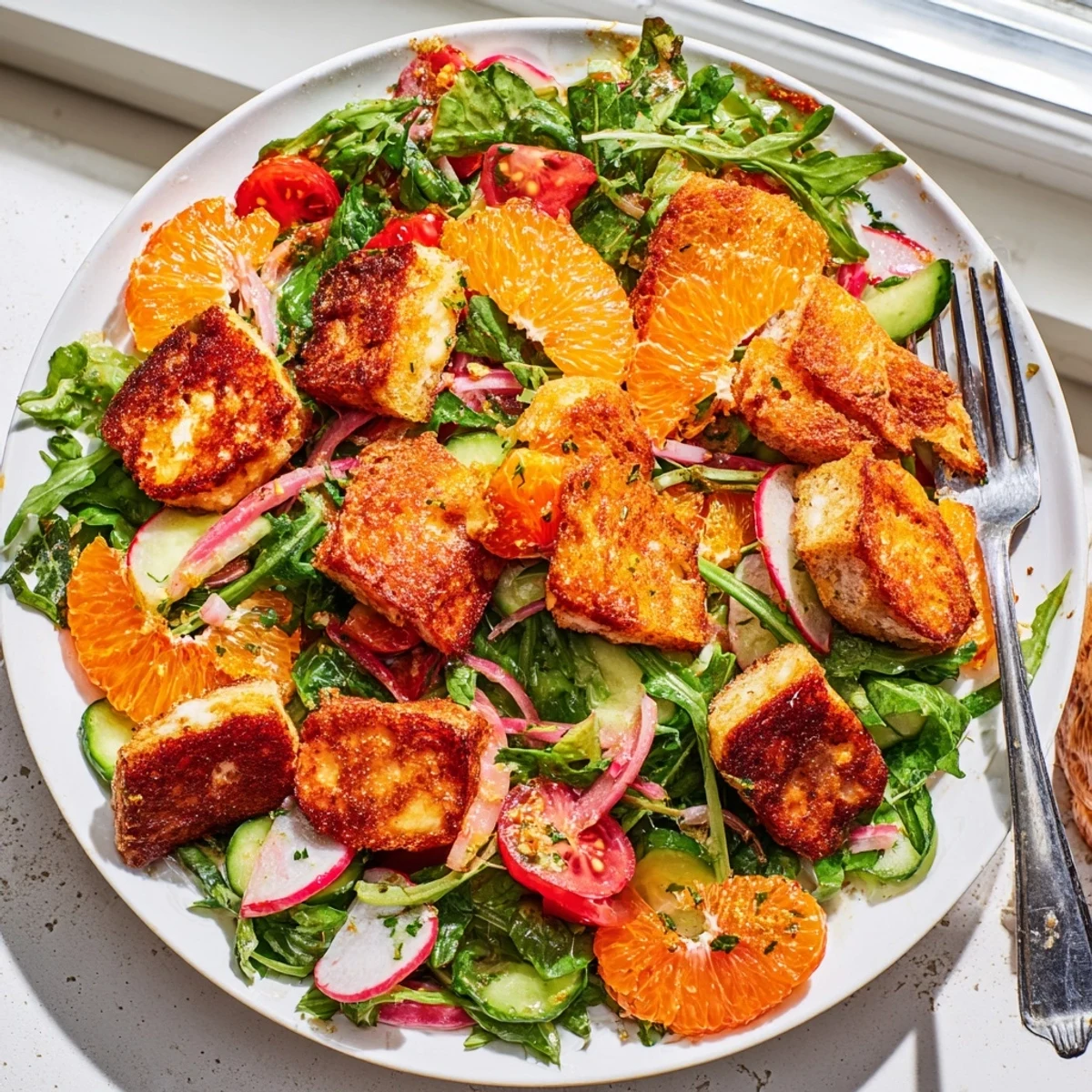 Vibrant halloumi blood orange fattoush salad, featuring crisp cucumbers, radishes, and cherry tomatoes tossed in sumac vinaigrette.