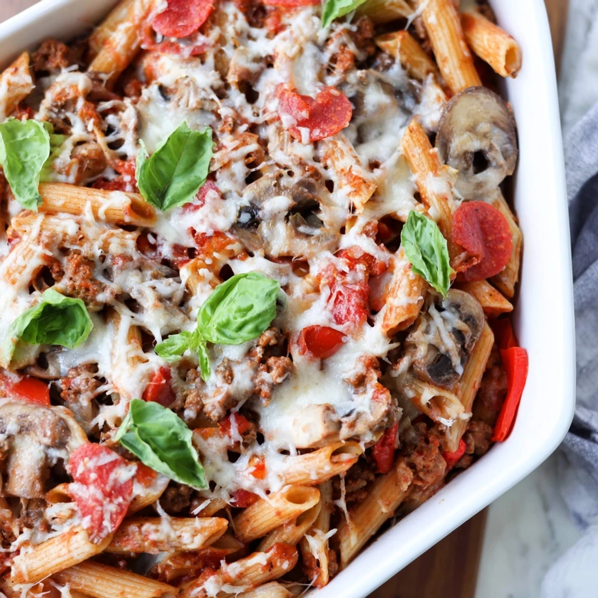 A close-up of the High Protein Italian Beef and Pasta Bake, featuring melted mozzarella and Parmesan over a hearty beef, tomato, and whole wheat pasta mixture, garnished with fresh basil.