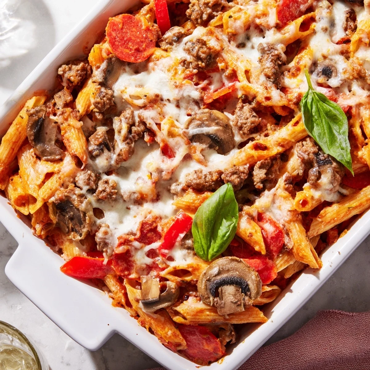 Baked golden cheese crust tops the High Protein Italian Beef and Pasta Bake, revealing chunks of vegetables and al dente whole wheat penne in a robust, pizza-inspired tomato sauce.
