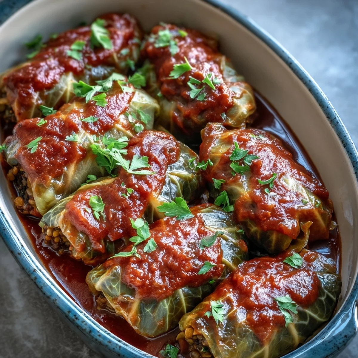 Golden-brown Baked Vegan Cabbage Rolls bubbling with rich tomato sauce in a ceramic baking dish.