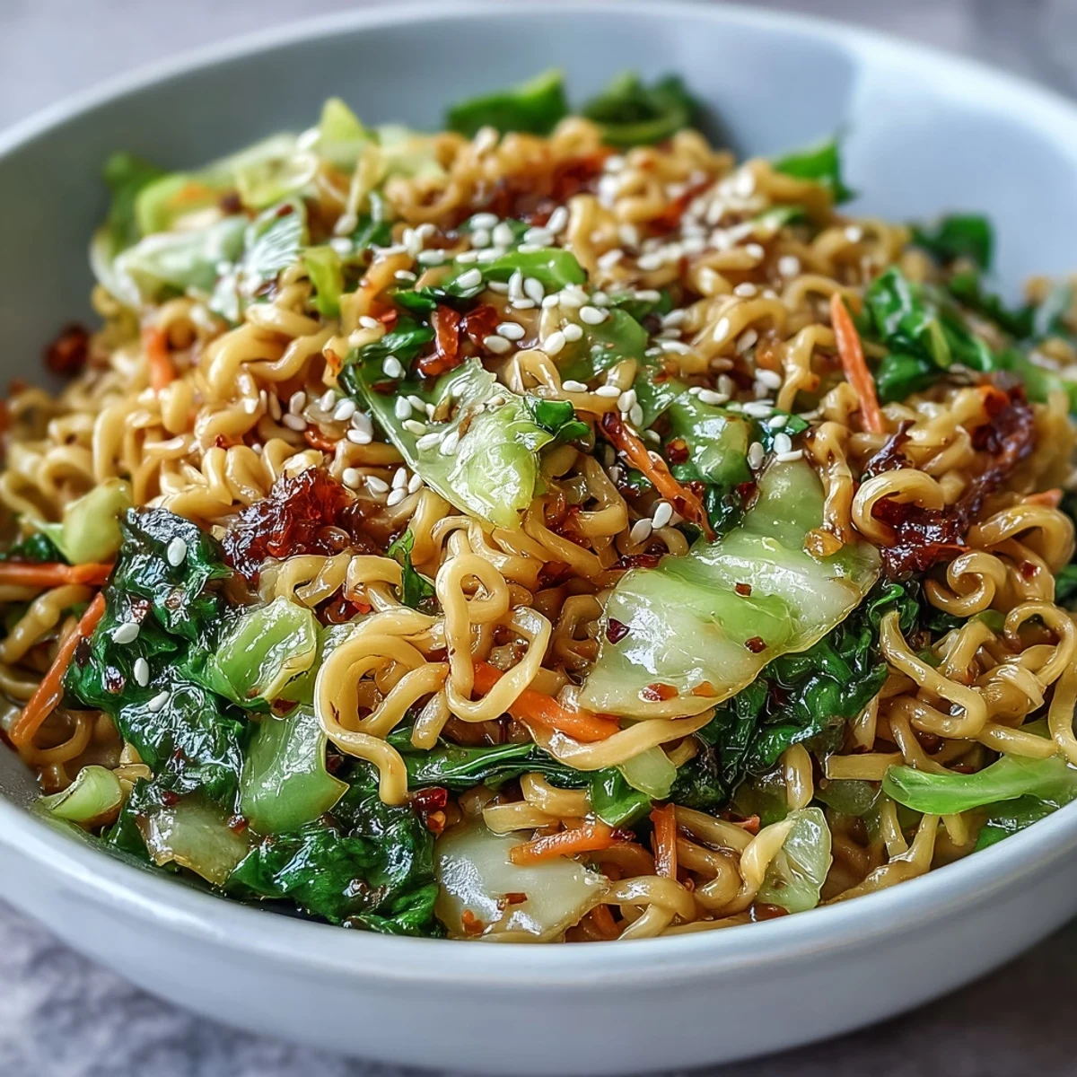 Crunchy fried cabbage and chewy noodles are tossed in a savory sesame sauce for this Fried Cabbage Ramen. Served steaming hot in a bowl.