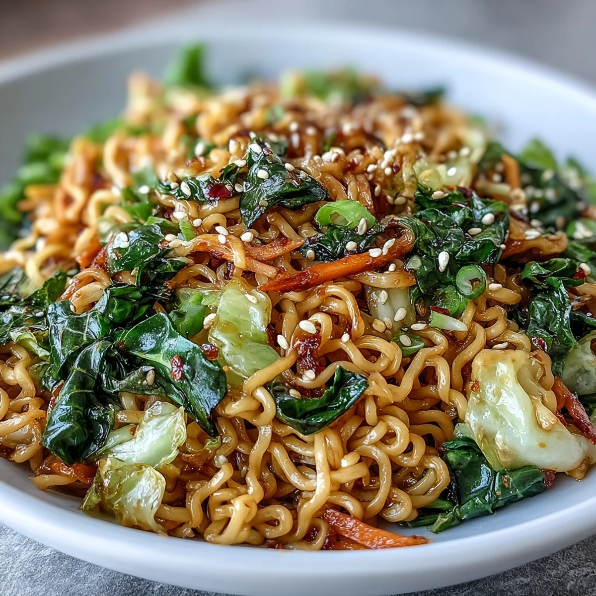 Top-down view of Fried Cabbage Ramen plated with fresh scallions. A savory Asian fusion meal perfect for quick, easy homemade weeknight cooking.